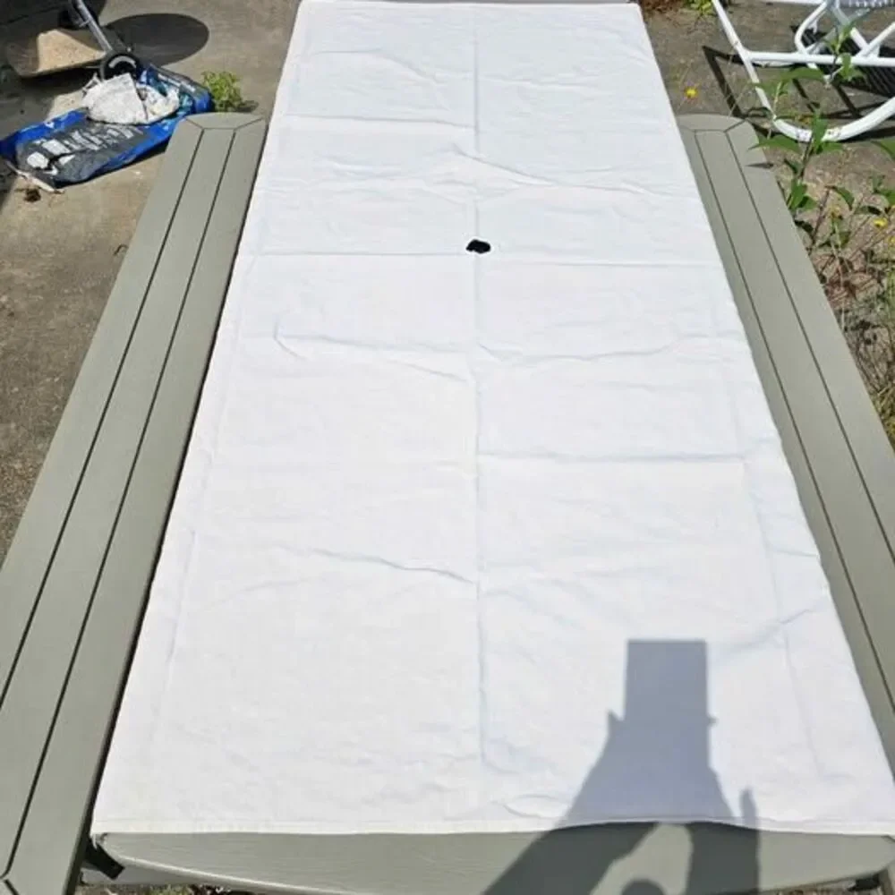 Vintage MCM Cotton Canvas Patriotic Ruffled Tablecloth with Umbrella Hole 68x54